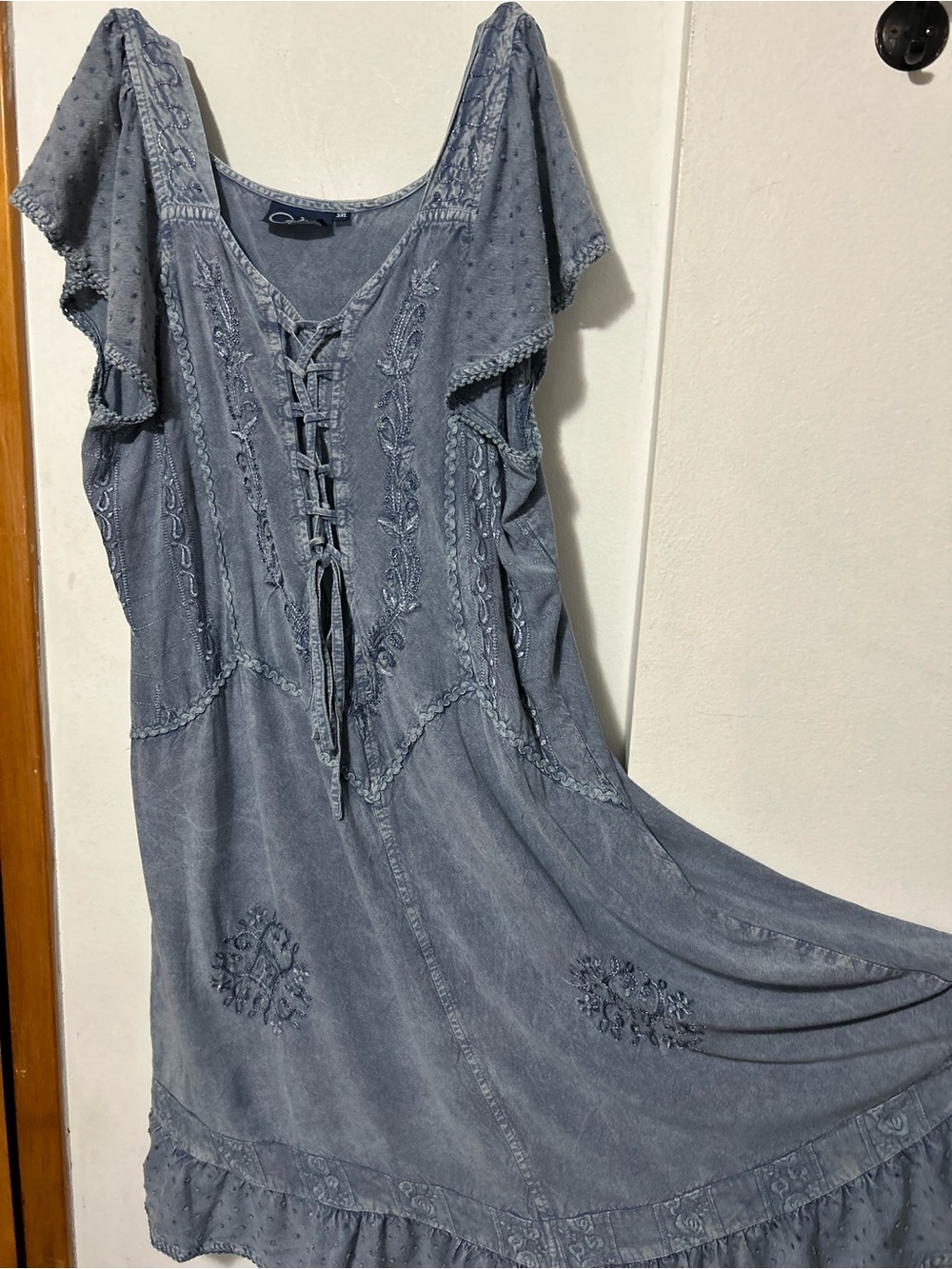 Boho Lace-Up Embroidered Women’s Dress in Dusty Blue